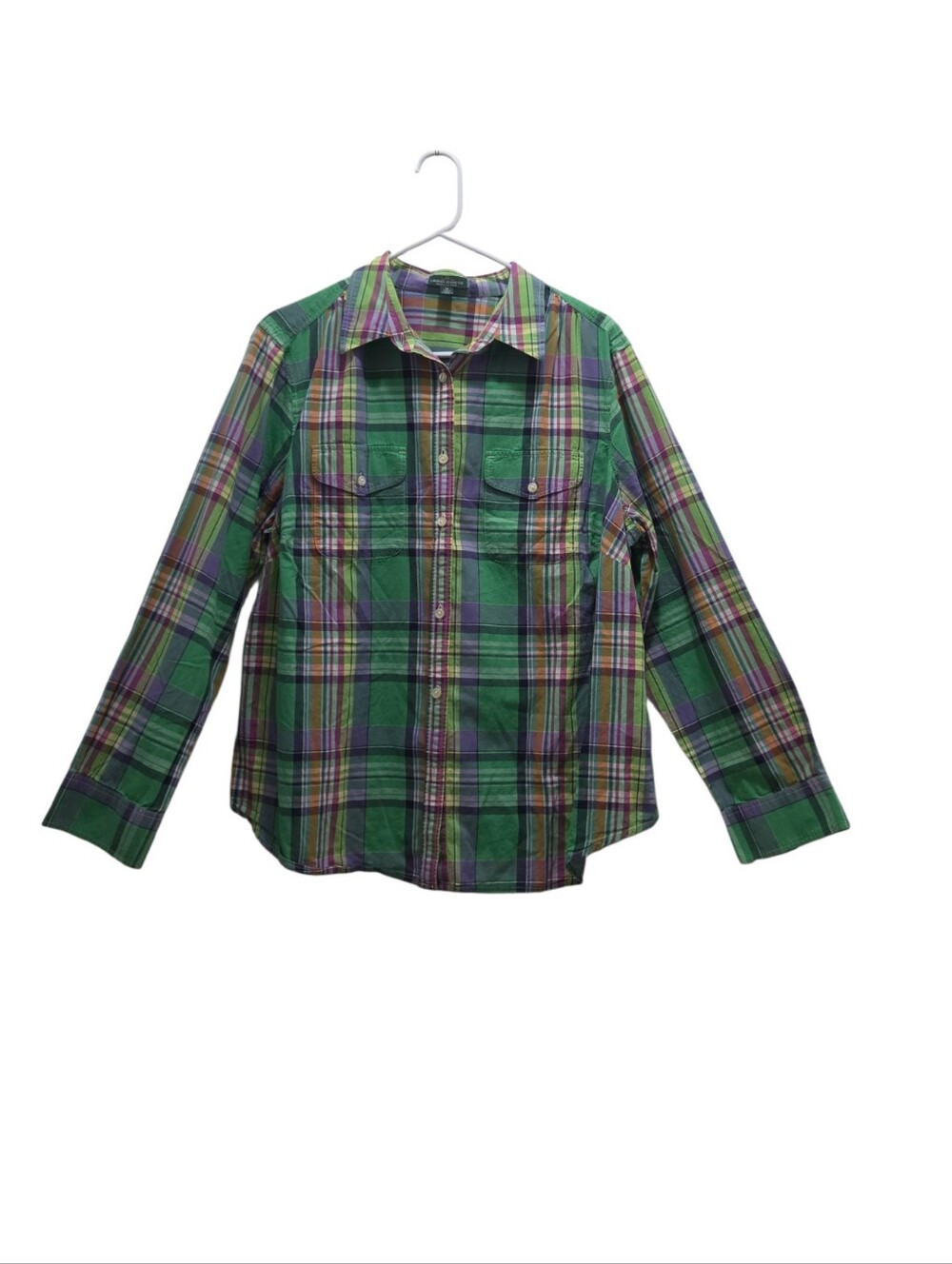 Lauren Ralph Lauren 1X Green Plaid Cotton Button Down Shirt Plus Size Preppy